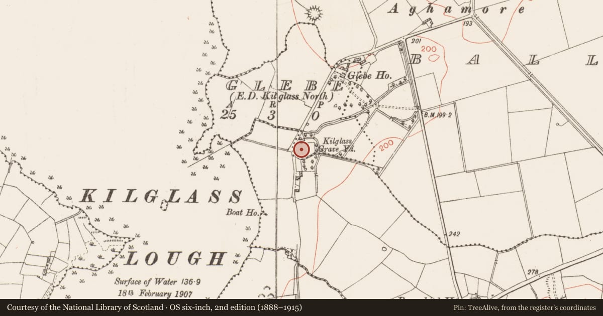 Ordnance Survey six-inch map, 2nd edition (1888–1915) covering the location of Church, Glebe, County Roscommon, with a pin at the register's coordinates