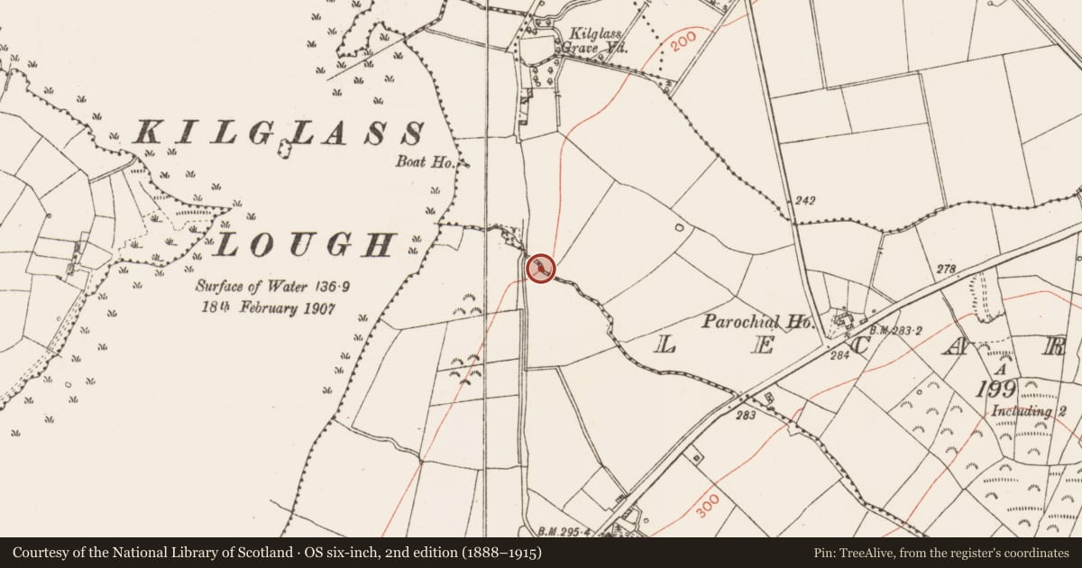 Ordnance Survey six-inch map, 2nd edition (1888–1915) covering the location of Monumental structure, Lecarrow, County Roscommon, with a pin at the register's coordinates