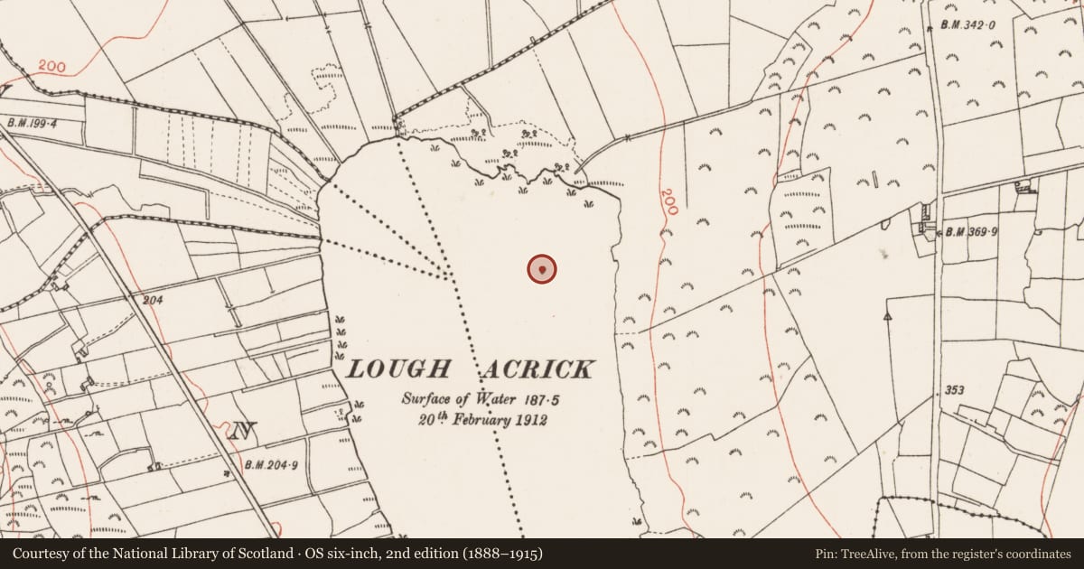 Ordnance Survey six-inch map, 2nd edition (1888–1915) covering the location of Crannog, Knockhall, County Roscommon, with a pin at the register's coordinates