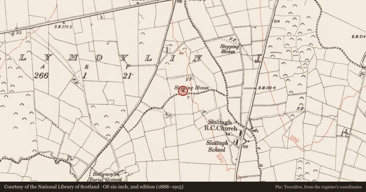 Ordnance Survey six-inch map, 2nd edition (1888–1915) covering the location of Earthwork, Ballymoylin, County Roscommon, with a pin at the register's coordinates