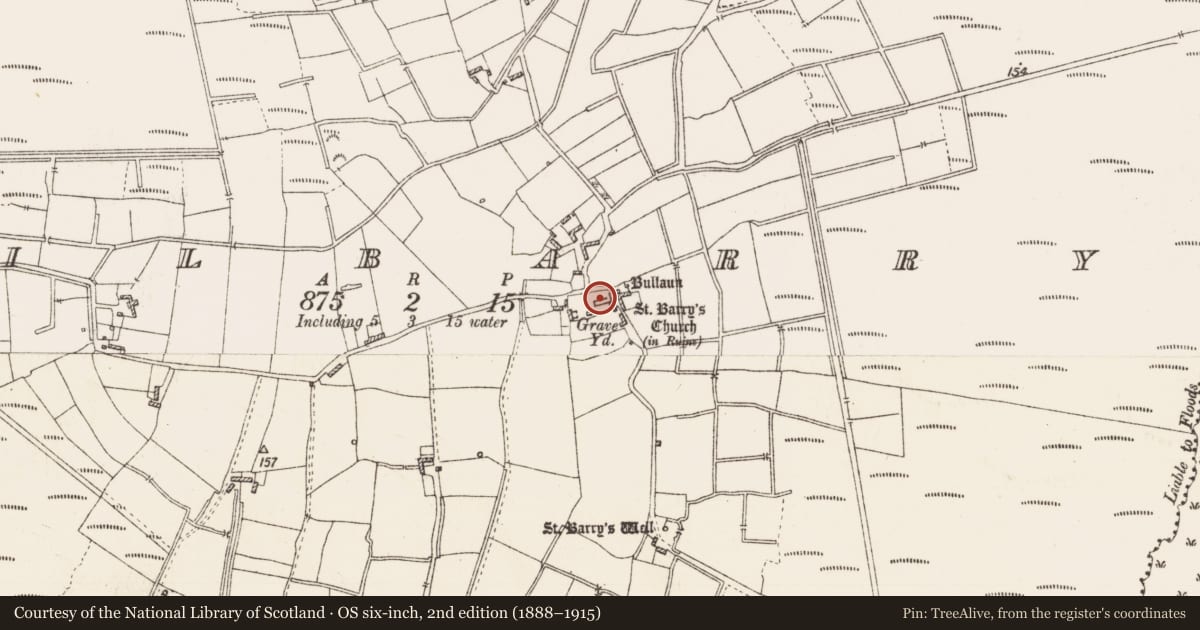 Ordnance Survey six-inch map, 2nd edition (1888–1915) covering the location of Church, Kilbarry, County Roscommon, with a pin at the register's coordinates