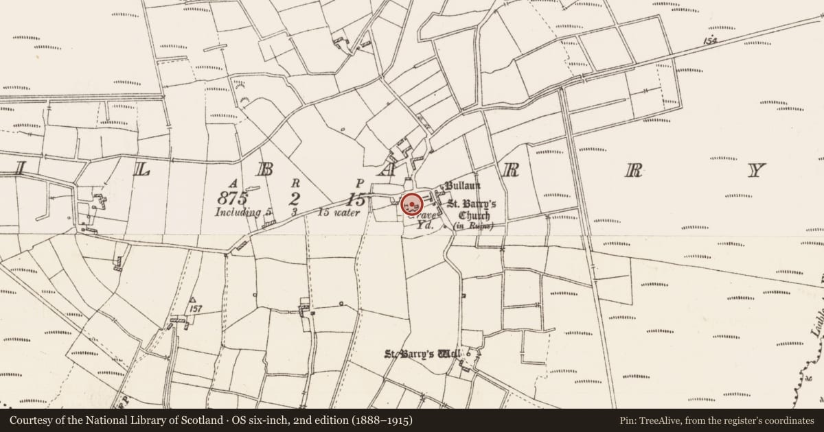 Ordnance Survey six-inch map, 2nd edition (1888–1915) covering the location of Church, Kilbarry, County Roscommon, with a pin at the register's coordinates