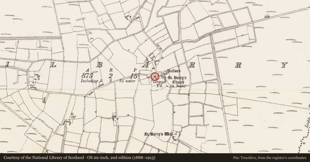 Ordnance Survey six-inch map, 2nd edition (1888–1915) covering the location of Round tower, Kilbarry, County Roscommon, with a pin at the register's coordinates