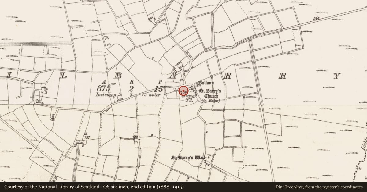 Ordnance Survey six-inch map, 2nd edition (1888–1915) covering the location of Graveslab, Kilbarry, County Roscommon, with a pin at the register's coordinates