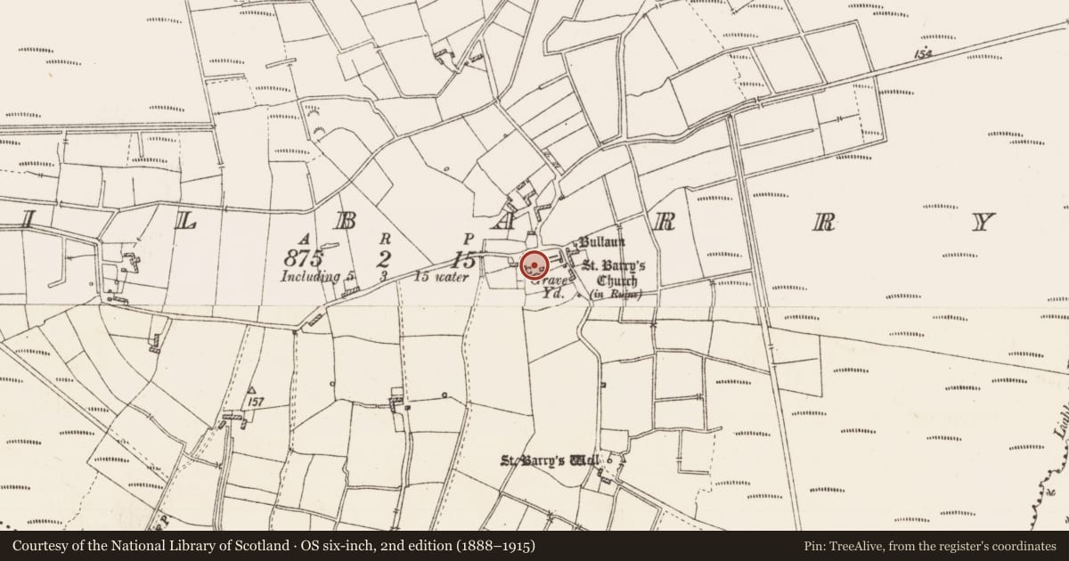 Ordnance Survey six-inch map, 2nd edition (1888–1915) covering the location of Cross-slab, Kilbarry, County Roscommon, with a pin at the register's coordinates