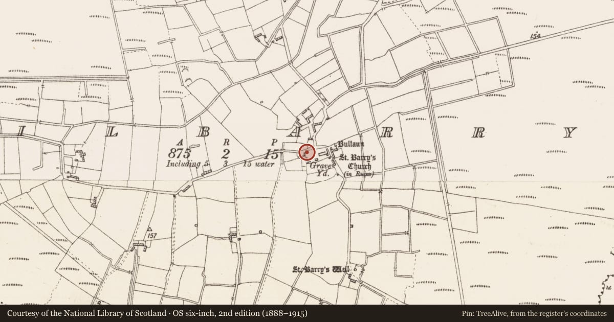 Ordnance Survey six-inch map, 2nd edition (1888–1915) covering the location of Holed stone, Kilbarry, County Roscommon, with a pin at the register's coordinates