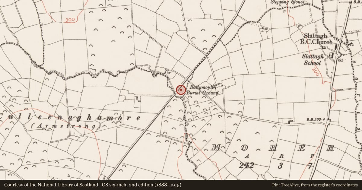 Ordnance Survey six-inch map, 2nd edition (1888–1915) covering the location of Cross-inscribed stone, Ballymoylin, County Roscommon, with a pin at the register's coordinates