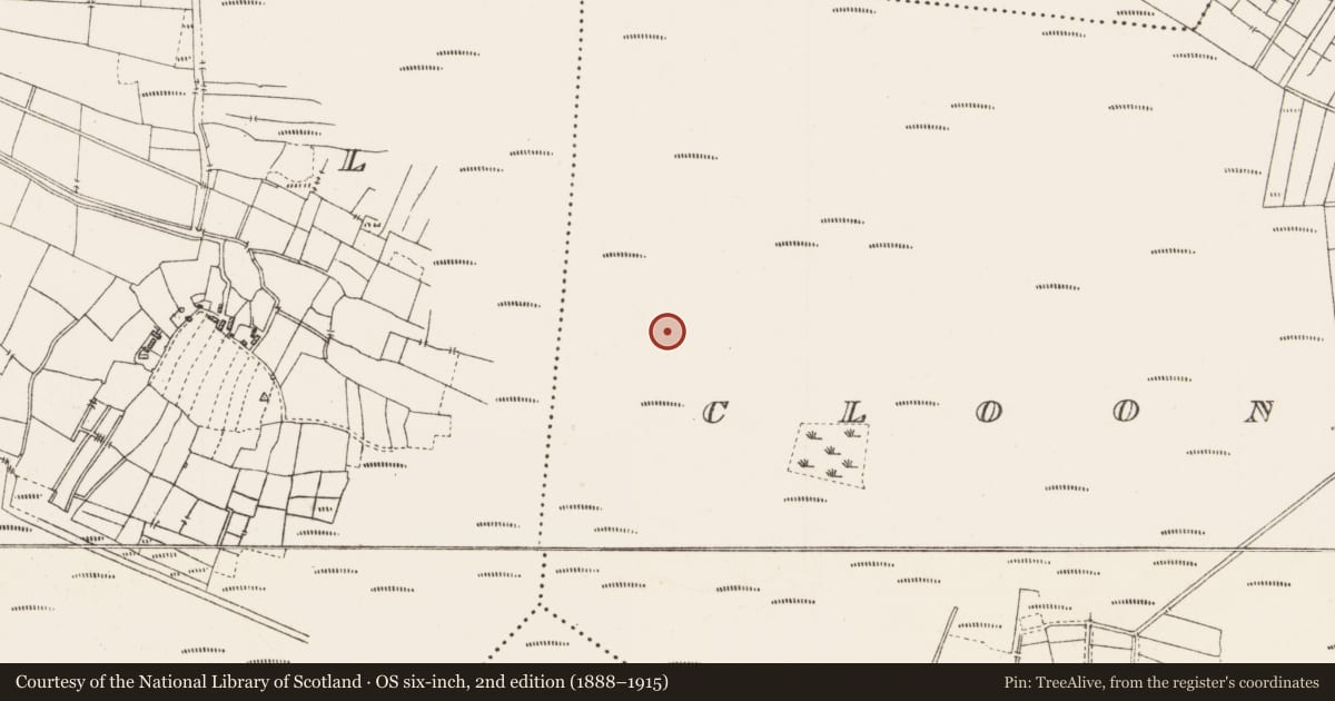 Ordnance Survey six-inch map, 2nd edition (1888–1915) covering the location of Platform - peatland, Cloonshannagh, County Roscommon, with a pin at the register's coordinates