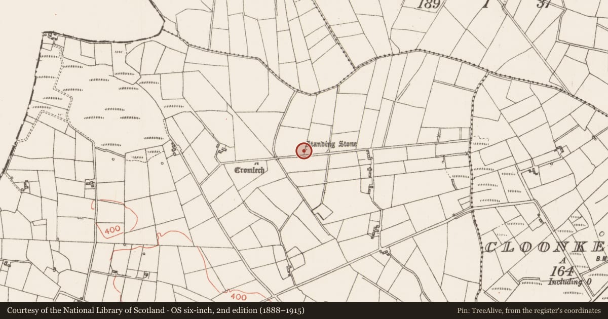 Ordnance Survey six-inch map, 2nd edition (1888–1915) covering the location of Standing stone, Corrasluastia, County Roscommon, with a pin at the register's coordinates