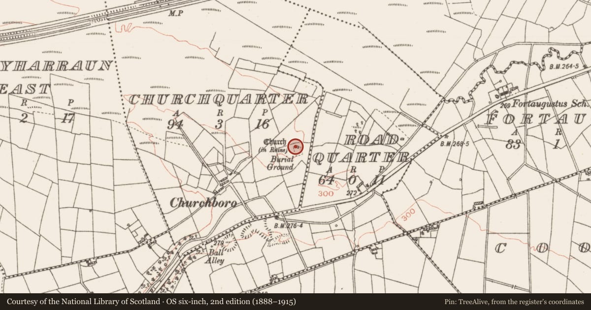 Ordnance Survey six-inch map, 2nd edition (1888–1915) covering the location of Church, Churchquarter, County Roscommon, with a pin at the register's coordinates