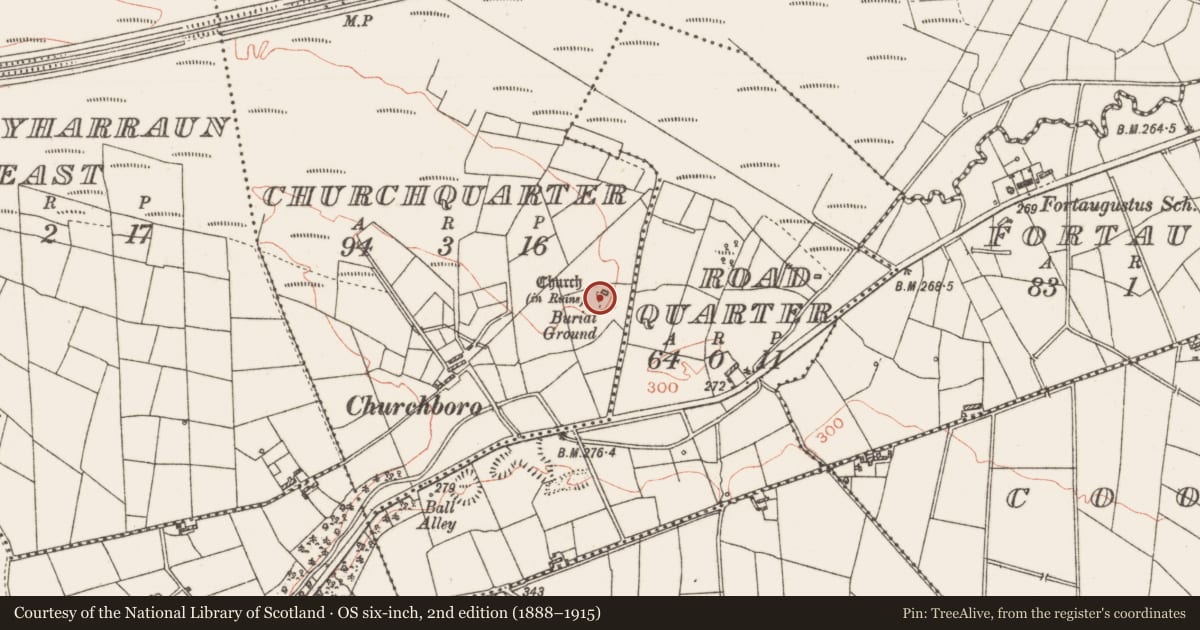 Ordnance Survey six-inch map, 2nd edition (1888–1915) covering the location of Graveyard, Churchquarter, County Roscommon, with a pin at the register's coordinates