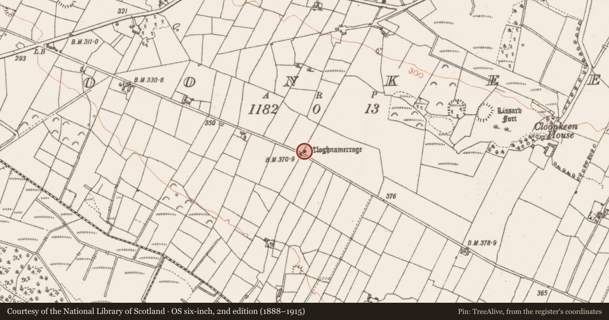 Ordnance Survey six-inch map, 2nd edition (1888–1915) covering the location of Standing stone, Cloonkeen, County Roscommon, with a pin at the register's coordinates