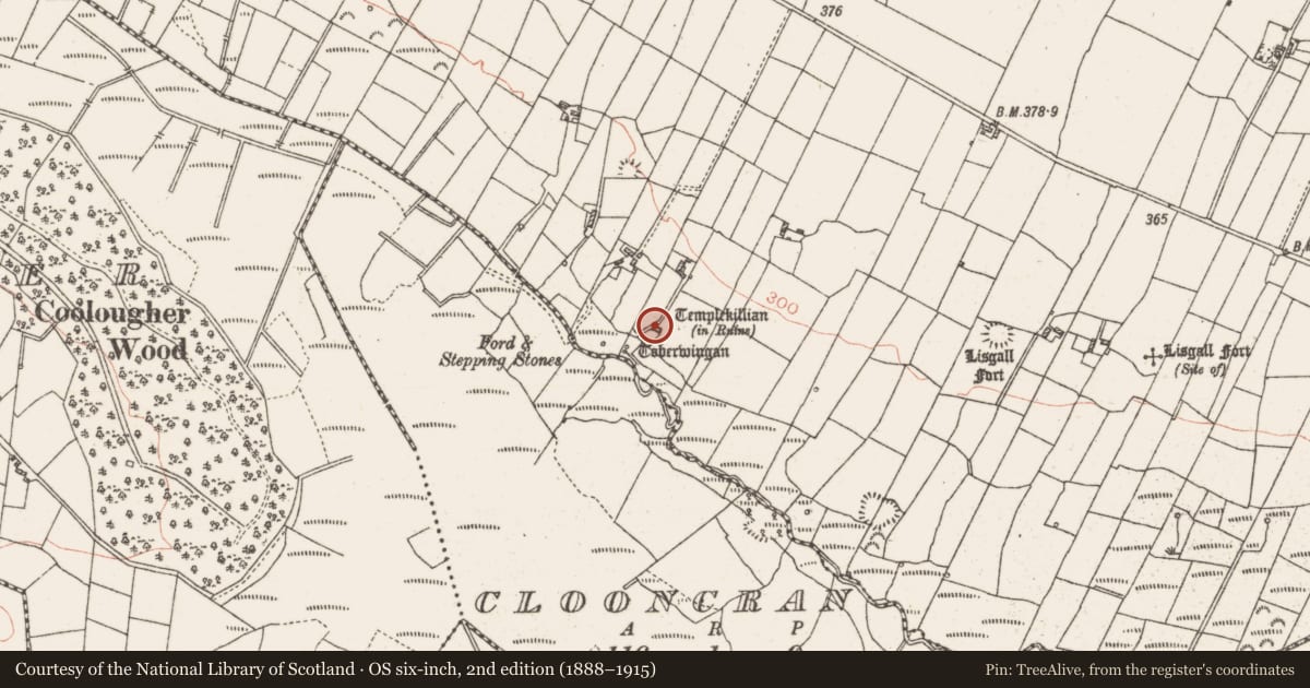 Ordnance Survey six-inch map, 2nd edition (1888–1915) covering the location of Church, Cloonkeen, County Roscommon, with a pin at the register's coordinates