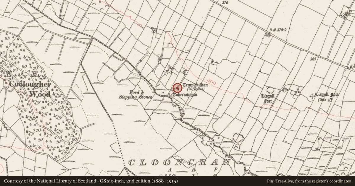 Ordnance Survey six-inch map, 2nd edition (1888–1915) covering the location of Children's burial ground, Cloonkeen, County Roscommon, with a pin at the register's coordinates