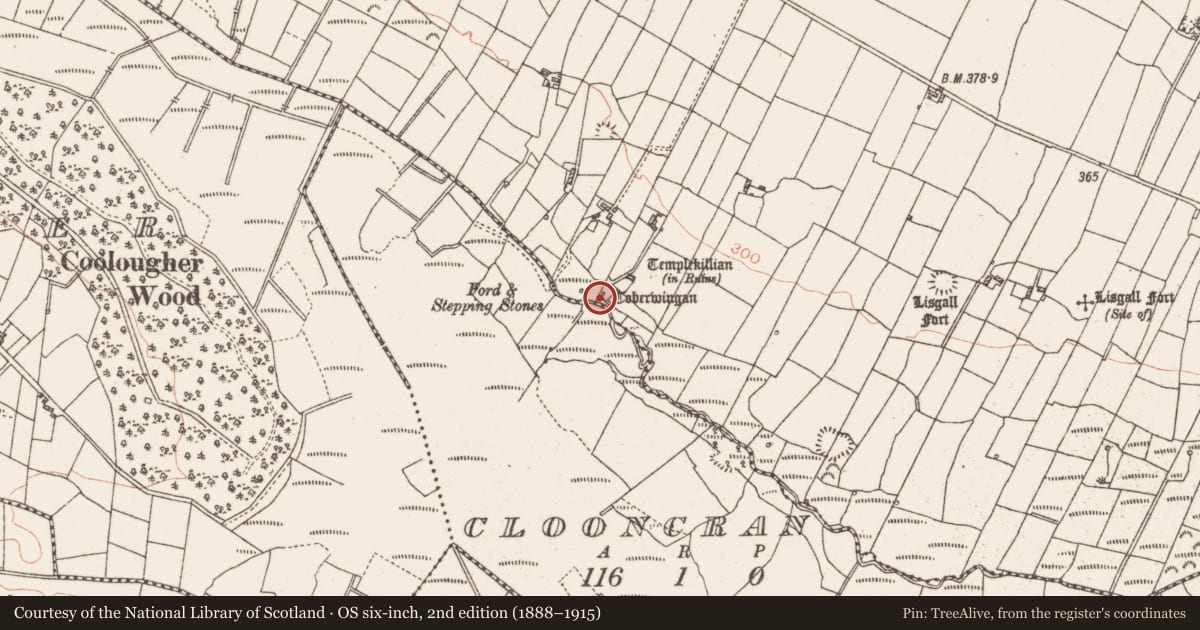 Ordnance Survey six-inch map, 2nd edition (1888–1915) covering the location of Ritual site - holy well, Cloonkeen, County Roscommon, with a pin at the register's coordinates