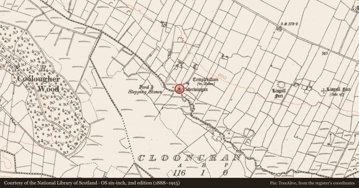 Ordnance Survey six-inch map, 2nd edition (1888–1915) covering the location of Ritual site - holy tree/bush, Cloonkeen, County Roscommon, with a pin at the register's coordinates