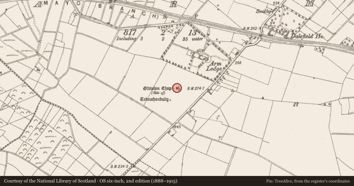 Ordnance Survey six-inch map, 2nd edition (1888–1915) covering the location of Church, Arm, County Roscommon, with a pin at the register's coordinates