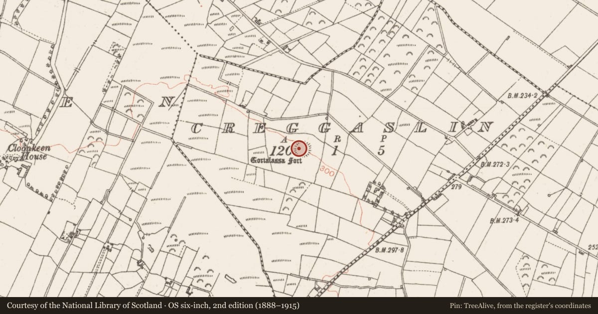 Ordnance Survey six-inch map, 2nd edition (1888–1915) covering the location of Ringfort - rath, Creggaslin, County Roscommon, with a pin at the register's coordinates