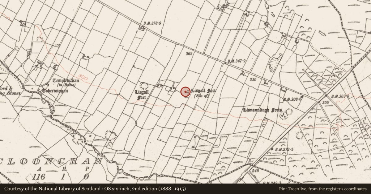 Ordnance Survey six-inch map, 2nd edition (1888–1915) covering the location of Ringfort - rath, Cloonkeen, County Roscommon, with a pin at the register's coordinates