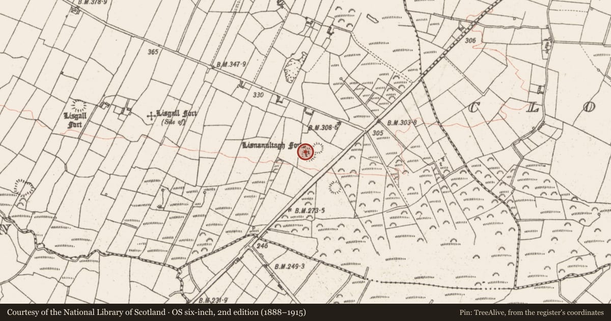 Ordnance Survey six-inch map, 2nd edition (1888–1915) covering the location of Ringfort - rath, Cloonkeen, County Roscommon, with a pin at the register's coordinates