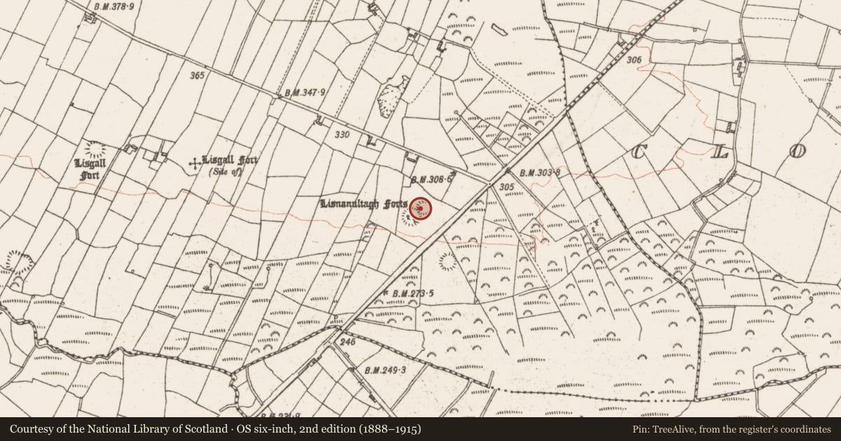 Ordnance Survey six-inch map, 2nd edition (1888–1915) covering the location of Ringfort - rath, Cloonkeen, County Roscommon, with a pin at the register's coordinates