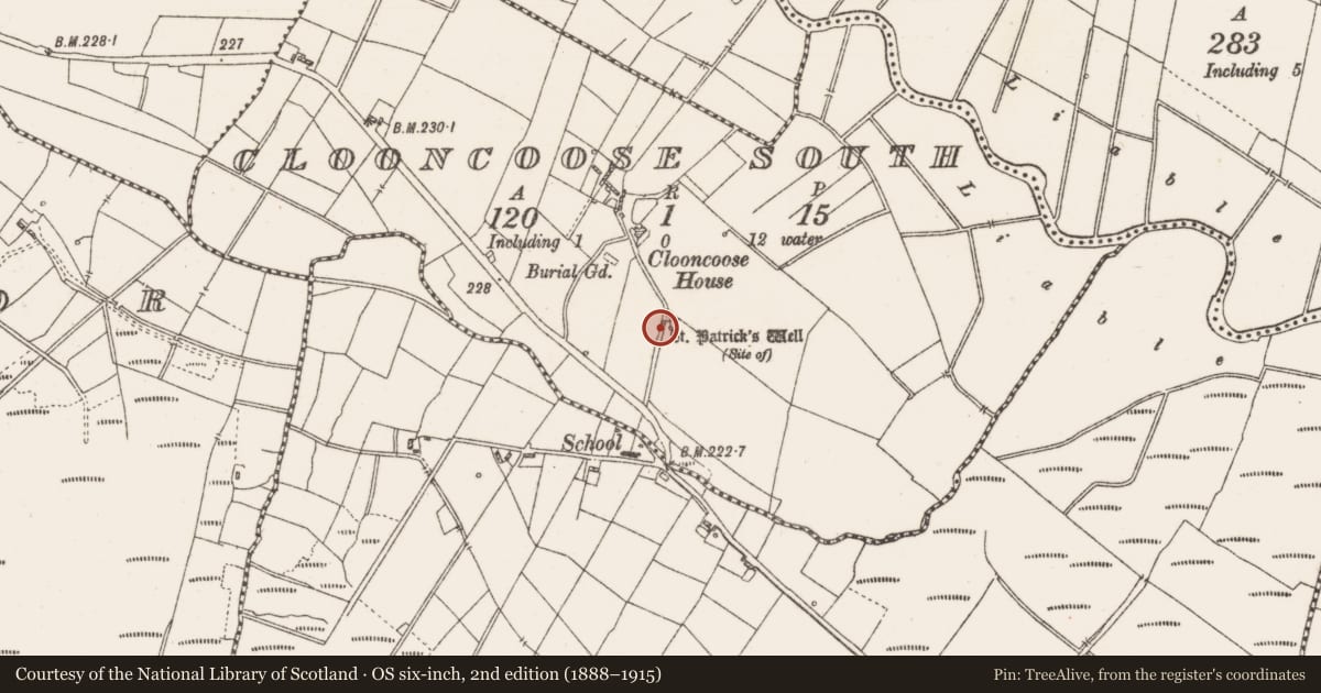 Ordnance Survey six-inch map, 2nd edition (1888–1915) covering the location of Bullaun stone, Clooncoose South, County Roscommon, with a pin at the register's coordinates