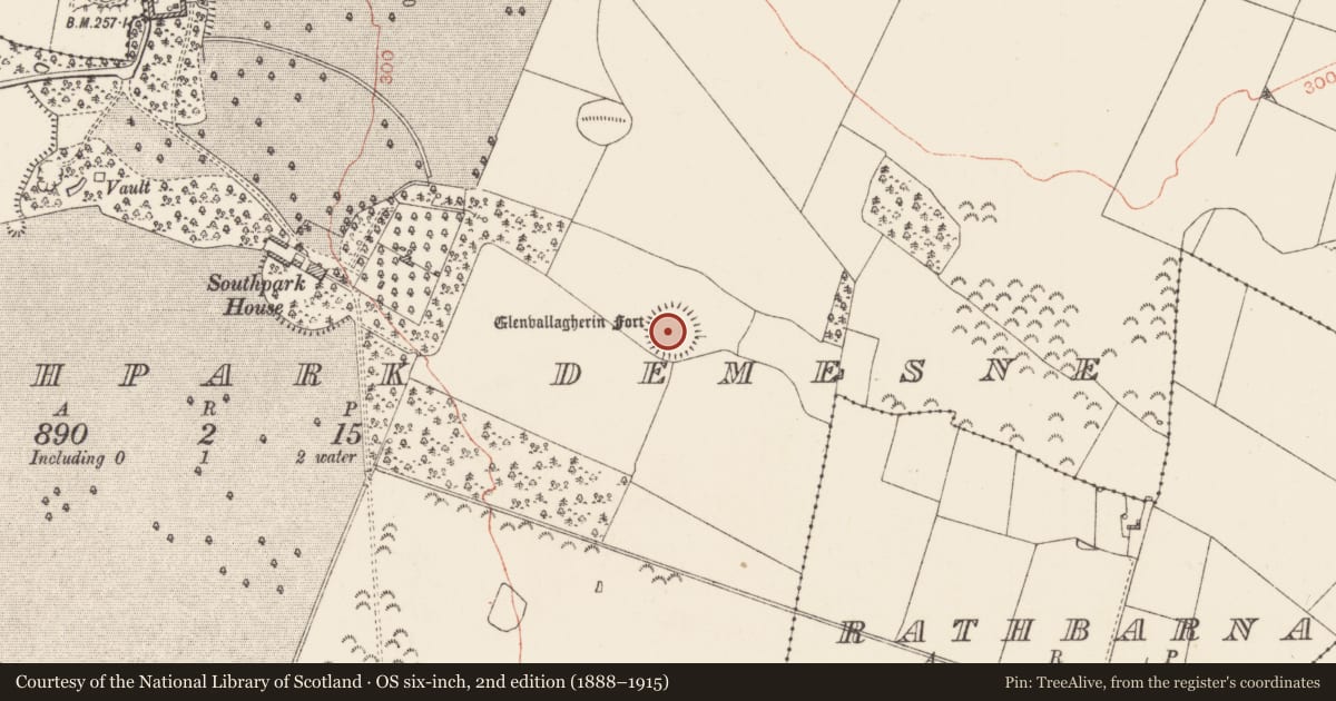 Ordnance Survey six-inch map, 2nd edition (1888–1915) covering the location of Ringfort - rath, Southpark Demesne, County Roscommon, with a pin at the register's coordinates