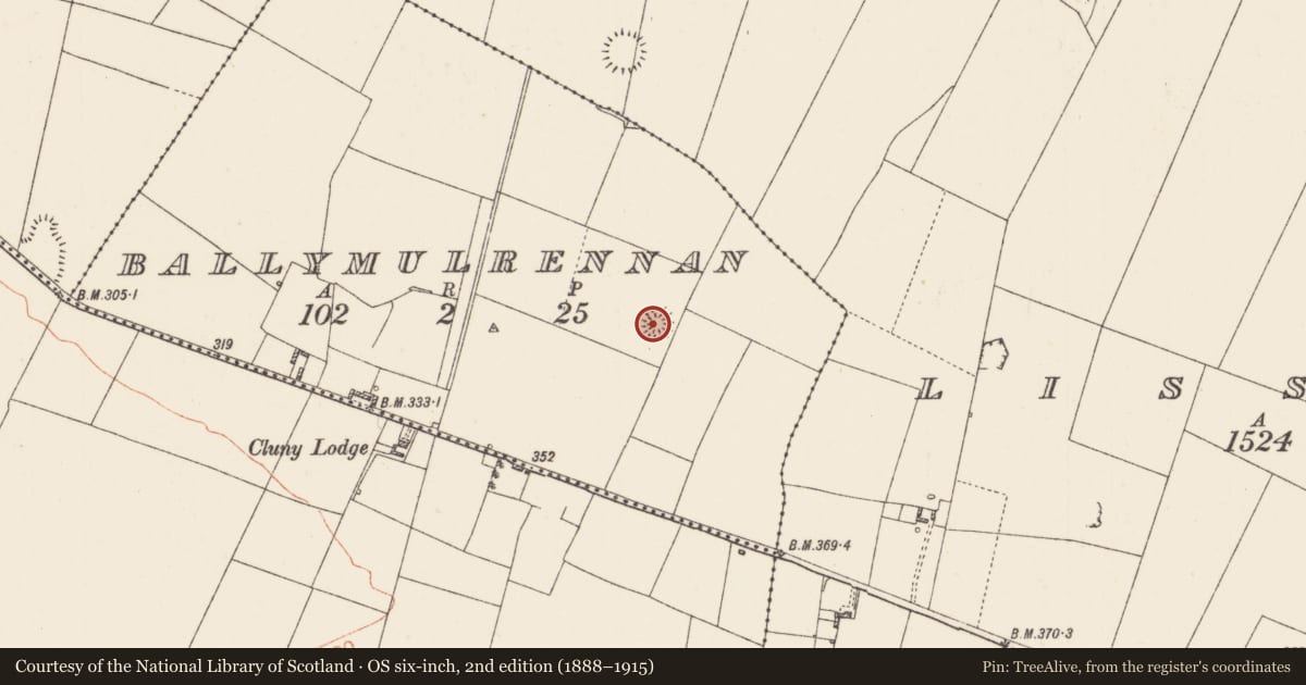 Ordnance Survey six-inch map, 2nd edition (1888–1915) covering the location of Ringfort - rath, Ballymulrennan, County Roscommon, with a pin at the register's coordinates
