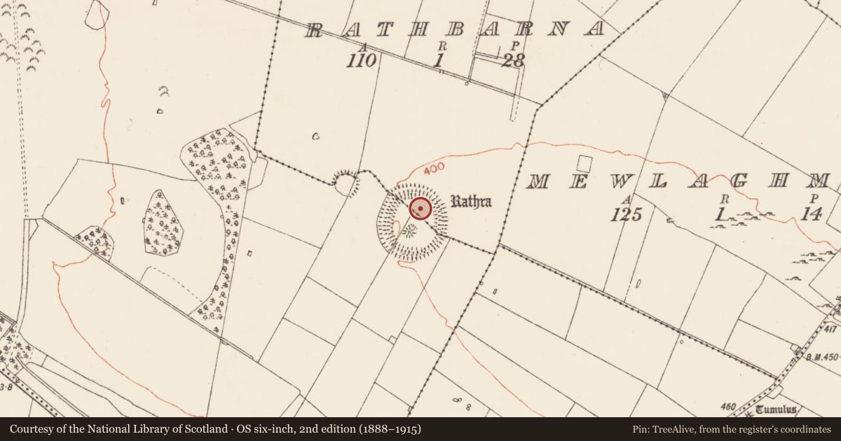 Ordnance Survey six-inch map, 2nd edition (1888–1915) covering the location of Barrow - mound barrow, Rathbarna, County Roscommon, with a pin at the register's coordinates