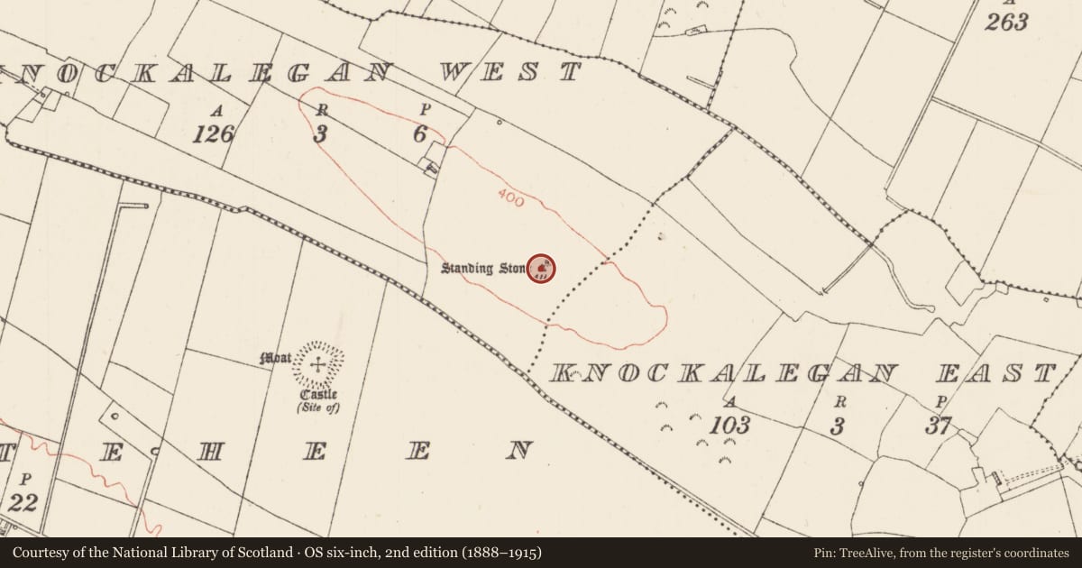 Ordnance Survey six-inch map, 2nd edition (1888–1915) covering the location of Standing stone, Knockalegan West, County Roscommon, with a pin at the register's coordinates