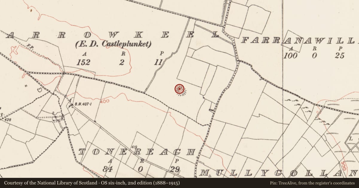 Ordnance Survey six-inch map, 2nd edition (1888–1915) covering the location of Souterrain, Carrowkeel (Castlereagh By., Castleplunket ED, County Roscommon, with a pin at the register's coordinates
