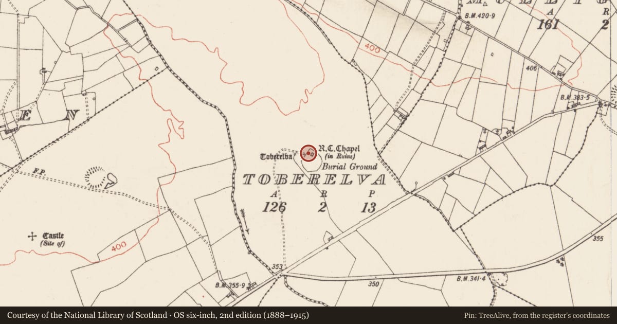 Ordnance Survey six-inch map, 2nd edition (1888–1915) covering the location of Church, Toberelva, County Roscommon, with a pin at the register's coordinates