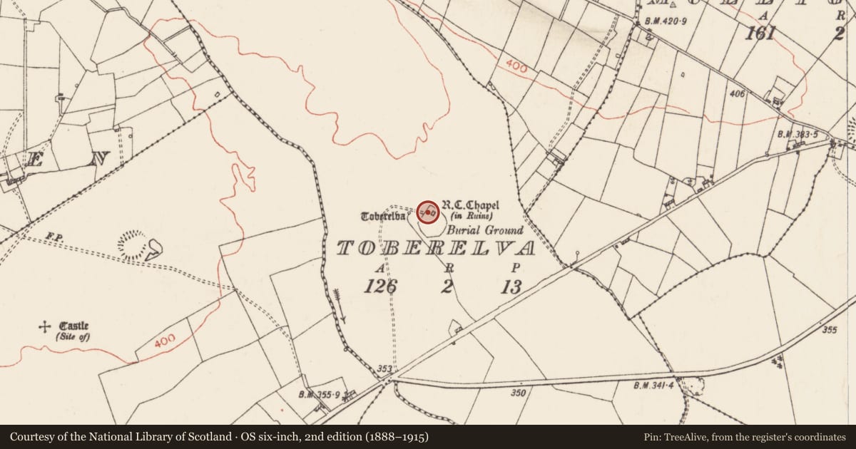 Ordnance Survey six-inch map, 2nd edition (1888–1915) covering the location of Inscribed stone, Toberelva, County Roscommon, with a pin at the register's coordinates