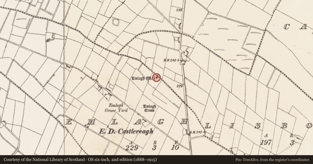 Ordnance Survey six-inch map, 2nd edition (1888–1915) covering the location of Ritual site - holy well, Emlagh, County Roscommon, with a pin at the register's coordinates