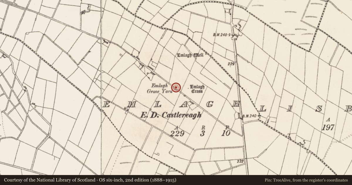 Ordnance Survey six-inch map, 2nd edition (1888–1915) covering the location of Church, Emlagh, County Roscommon, with a pin at the register's coordinates