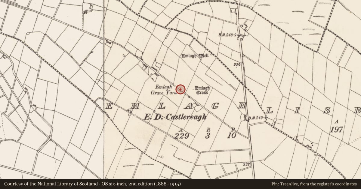 Ordnance Survey six-inch map, 2nd edition (1888–1915) covering the location of Graveyard, Emlagh, County Roscommon, with a pin at the register's coordinates