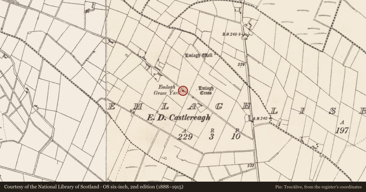 Ordnance Survey six-inch map, 2nd edition (1888–1915) covering the location of Cross, Emlagh, County Roscommon, with a pin at the register's coordinates