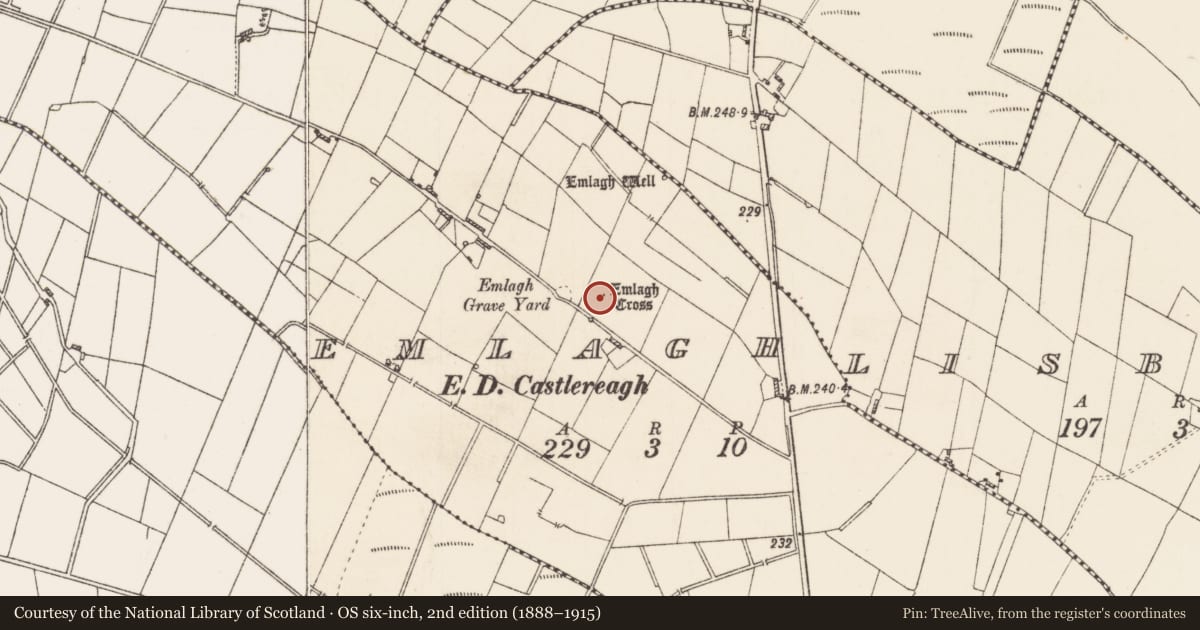 Ordnance Survey six-inch map, 2nd edition (1888–1915) covering the location of Cross, Emlagh, County Roscommon, with a pin at the register's coordinates