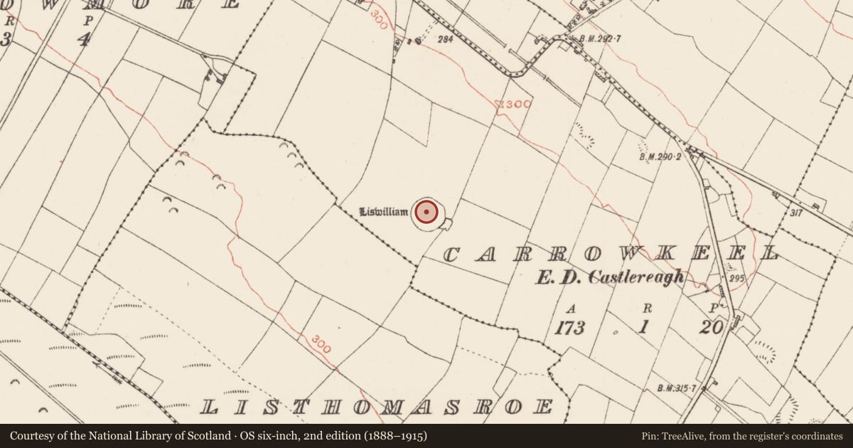Ordnance Survey six-inch map, 2nd edition (1888–1915) covering the location of Ceremonial enclosure, Carrowkeel, County Roscommon, with a pin at the register's coordinates