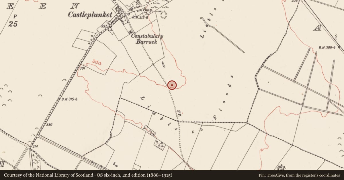 Ordnance Survey six-inch map, 2nd edition (1888–1915) covering the location of Road - road/trackway, Castleplunket, Milltown, County Roscommon, with a pin at the register's coordinates