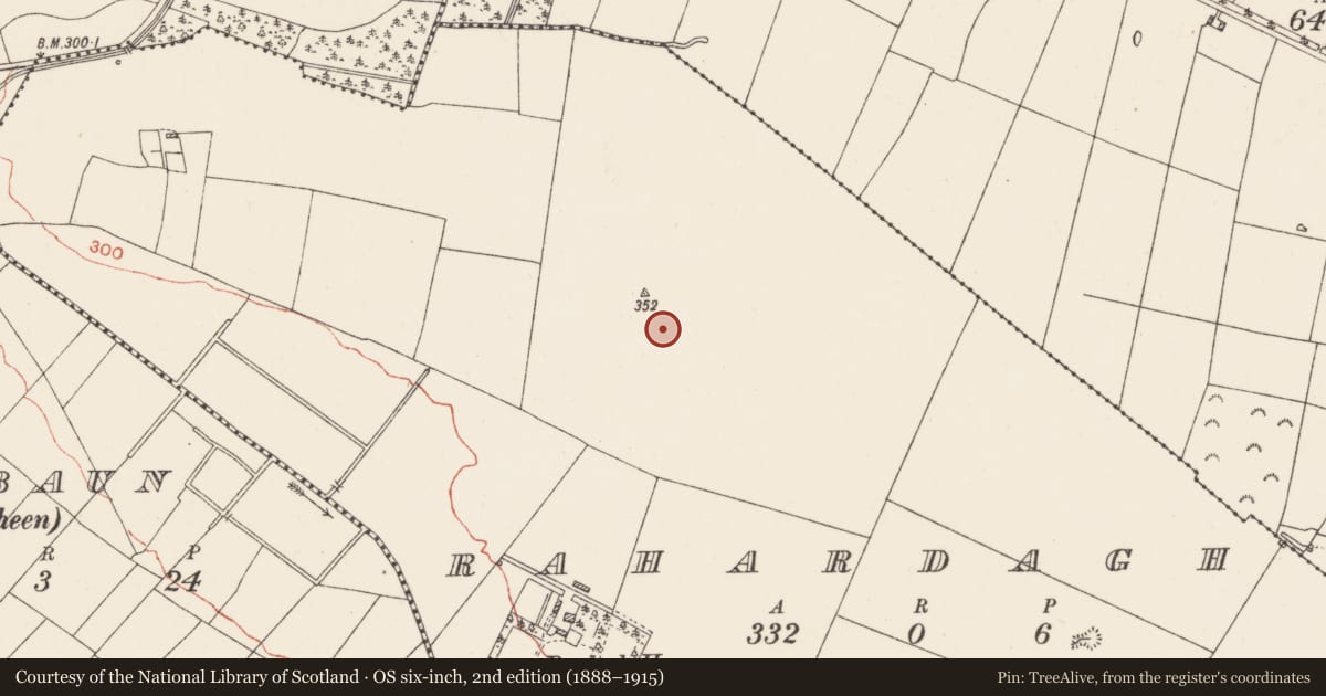 Ordnance Survey six-inch map, 2nd edition (1888–1915) covering the location of Field system, Rahardagh, County Roscommon, with a pin at the register's coordinates