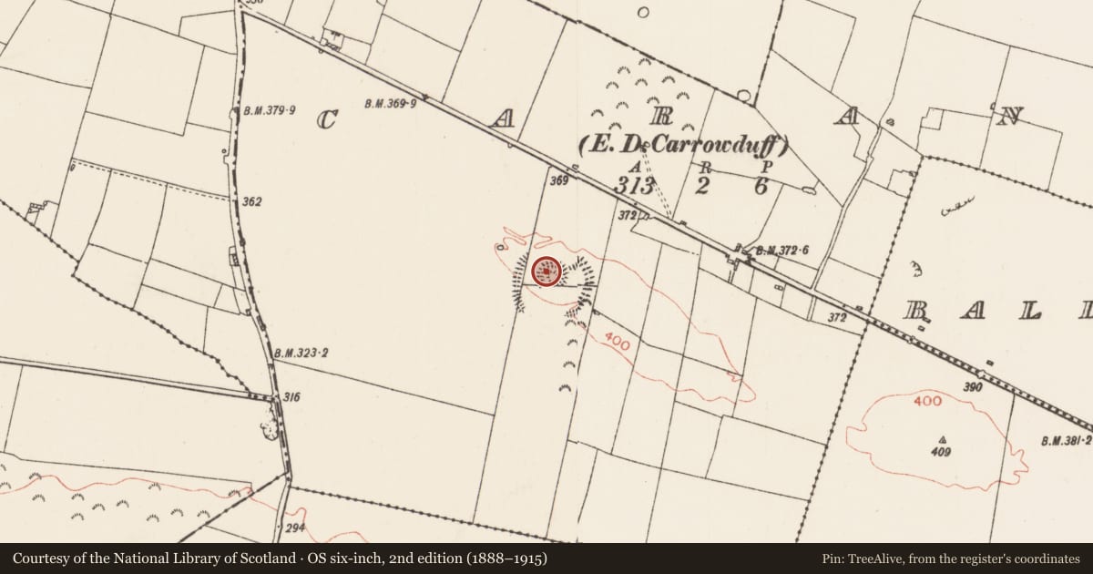 Ordnance Survey six-inch map, 2nd edition (1888–1915) covering the location of Barrow - bowl-barrow, Caran, County Roscommon, with a pin at the register's coordinates