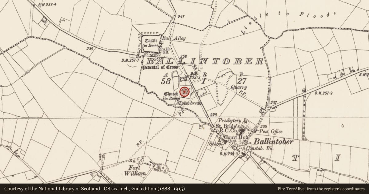 Ordnance Survey six-inch map, 2nd edition (1888–1915) covering the location of Graveyard, Ballintober, County Roscommon, with a pin at the register's coordinates