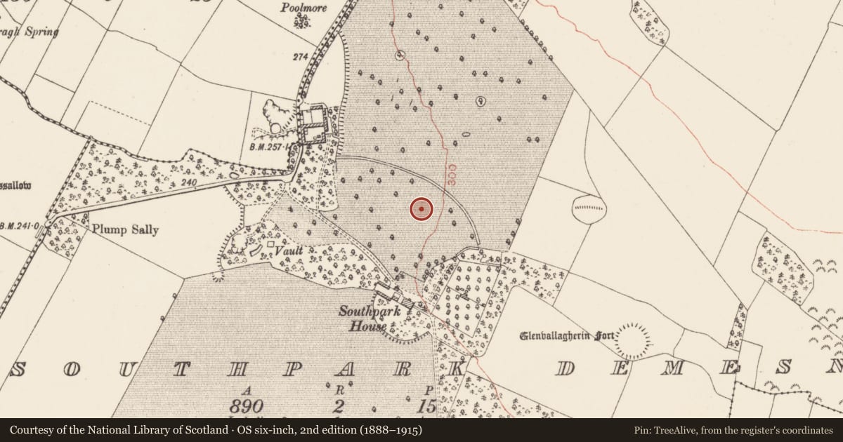 Ordnance Survey six-inch map, 2nd edition (1888–1915) covering the location of Enclosure, Southpark Demesne, County Roscommon, with a pin at the register's coordinates