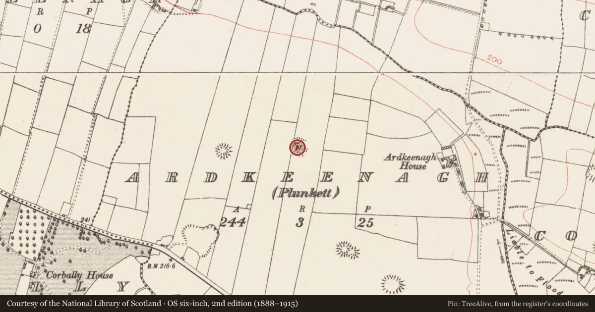 Ordnance Survey six-inch map, 2nd edition (1888–1915) covering the location of Ringfort - rath, Ardkeenagh (Plunkett), County Roscommon, with a pin at the register's coordinates
