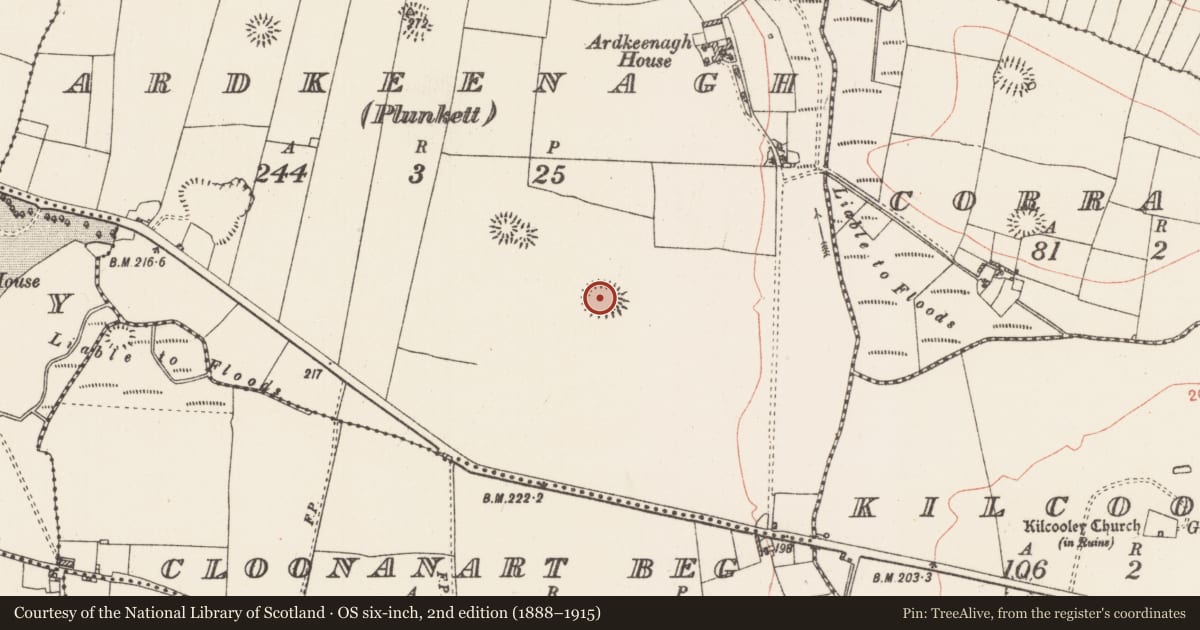 Ordnance Survey six-inch map, 2nd edition (1888–1915) covering the location of Ringfort - rath, Ardkeenagh (Plunkett), County Roscommon, with a pin at the register's coordinates