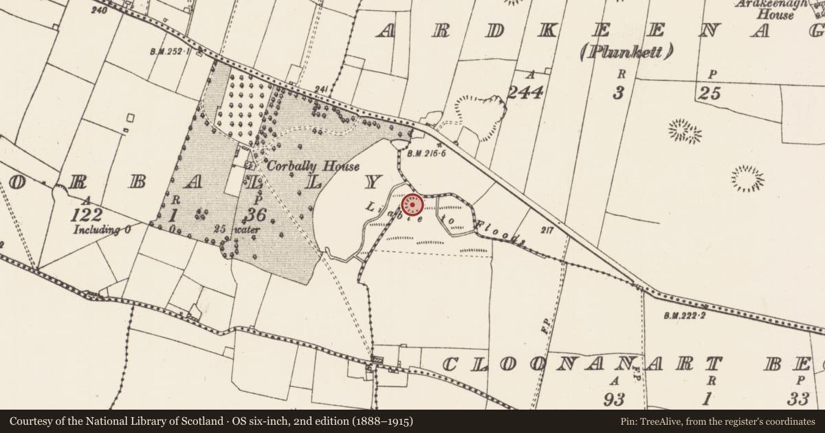 Ordnance Survey six-inch map, 2nd edition (1888–1915) covering the location of Crannog, Cloonanart Beg, County Roscommon, with a pin at the register's coordinates