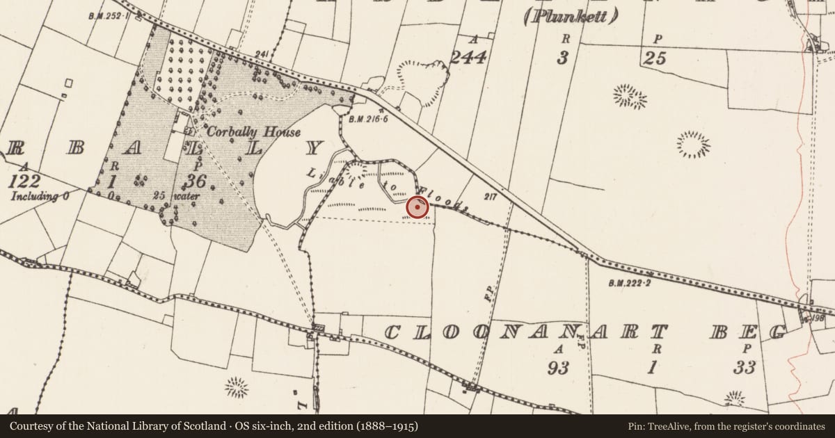 Ordnance Survey six-inch map, 2nd edition (1888–1915) covering the location of Crannog, Cloonanart Beg, County Roscommon, with a pin at the register's coordinates