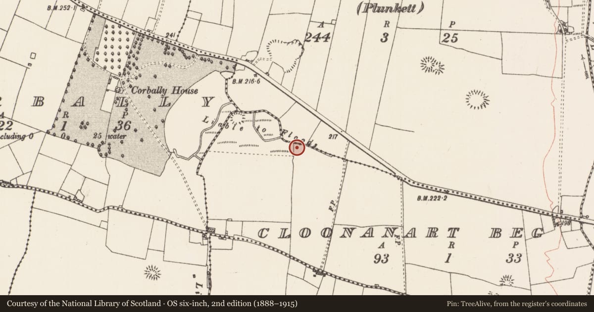 Ordnance Survey six-inch map, 2nd edition (1888–1915) covering the location of Crannog, Cloonanart Beg, County Roscommon, with a pin at the register's coordinates