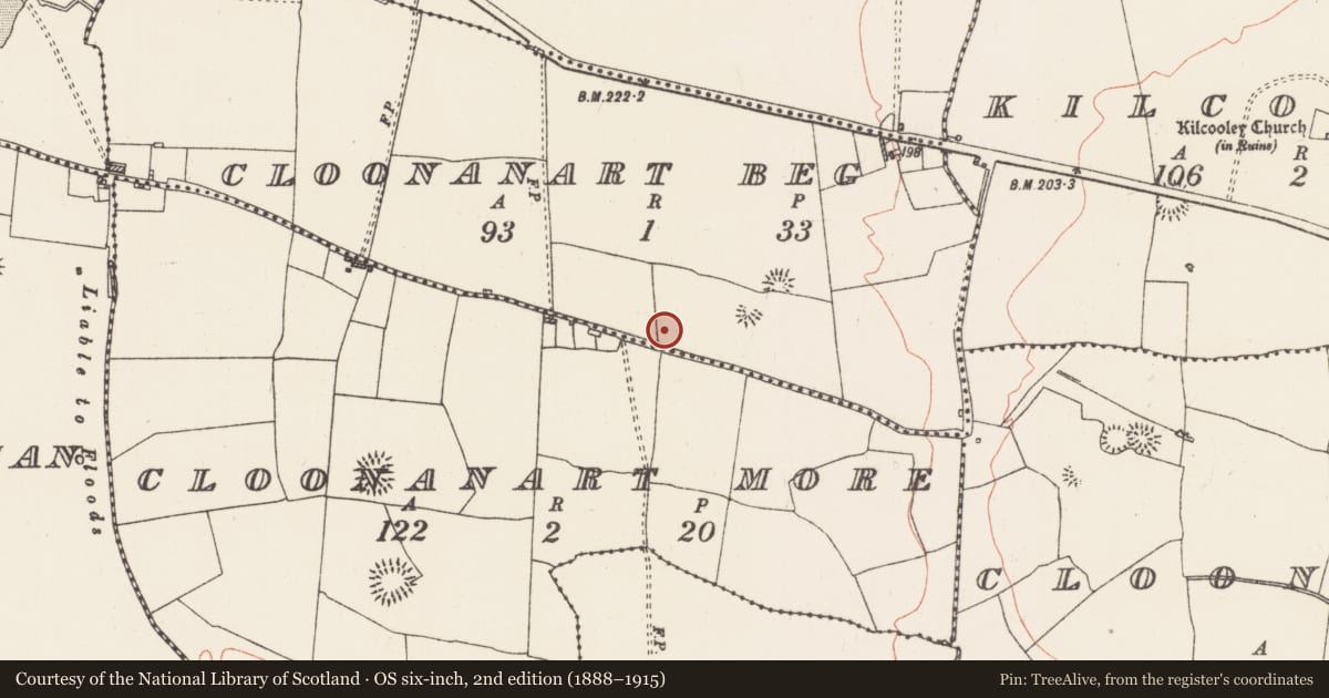 Ordnance Survey six-inch map, 2nd edition (1888–1915) covering the location of Barrow - mound barrow, Cloonanart Beg, County Roscommon, with a pin at the register's coordinates